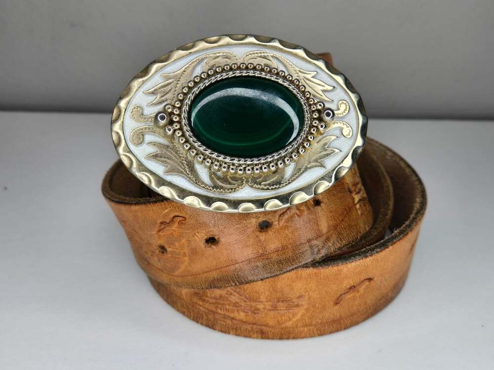 Michael Surges Handcrafted Western Leather Belt Size 38 Green Stone